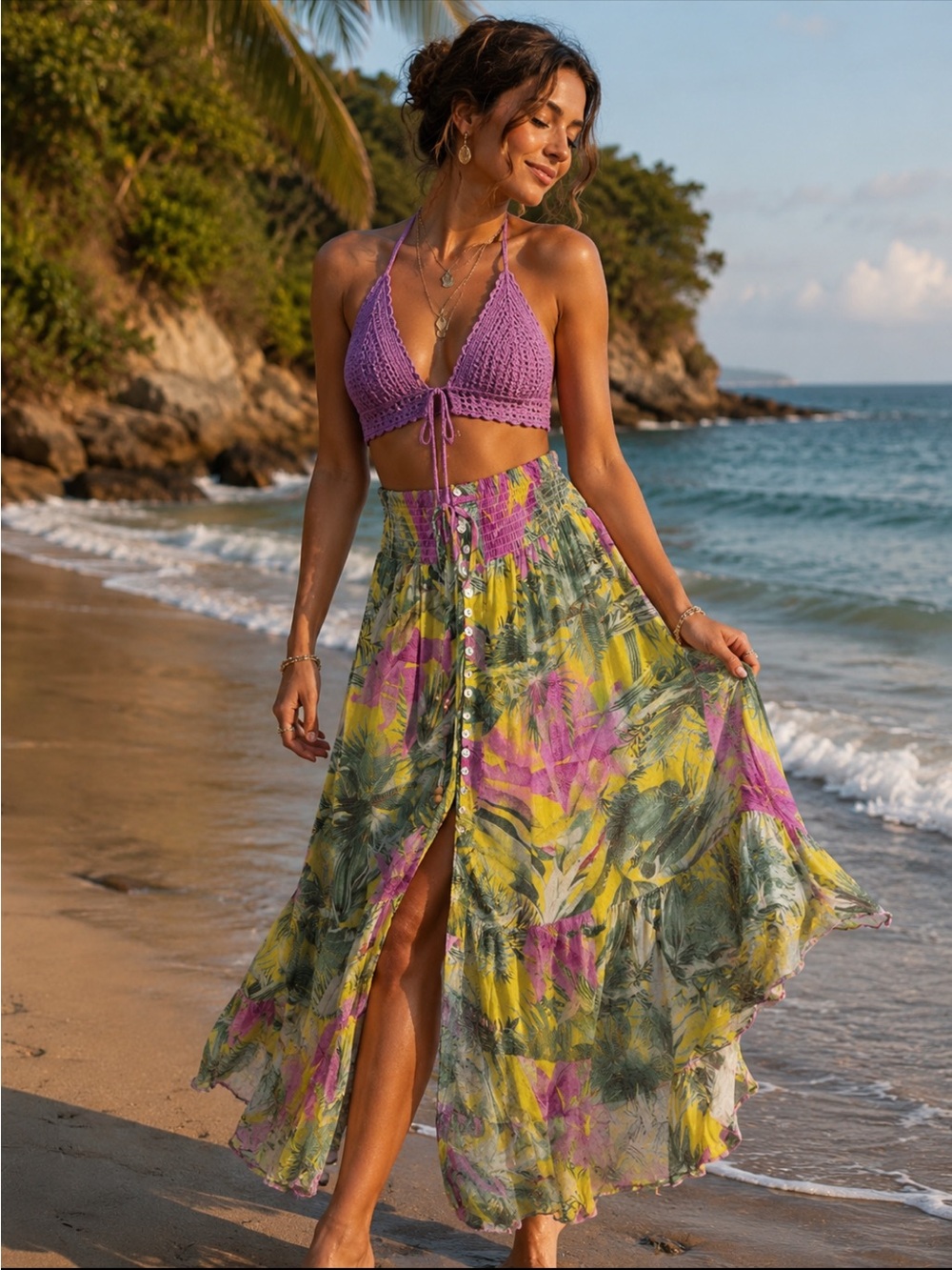 Cynthia Rowley Boho Floral Yellow‎ Purple Button-Front Maxi Skirt. Size XL.